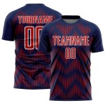 Benutzerdefiniertes Sublimations-Fußballtrikot mit der Linie in Marineblau und Rot mit Weiß Benutzerdefiniertes Sublimations-Fußballtrikot mit der Linie in Marineblau und Rot mit Weiß