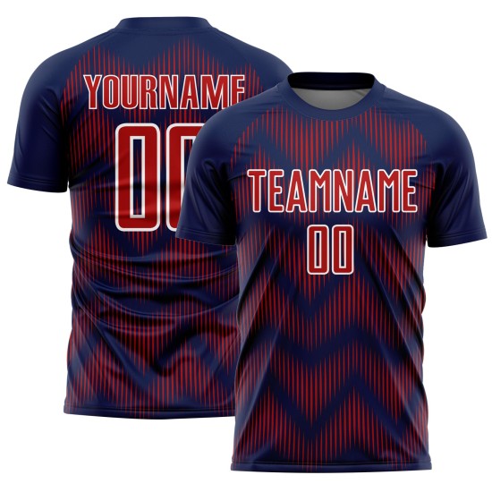 Benutzerdefiniertes Sublimations-Fußballtrikot mit der Linie in Marineblau und Rot mit Weiß Benutzerdefiniertes Sublimations-Fußballtrikot mit der Linie in Marineblau und Rot mit Weiß