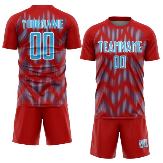 Benutzerdefiniertes Sublimations-Fußballtrikot mit rot-himmelblau-weißer Linie Benutzerdefiniertes Sublimations-Fußballtrikot mit rot-himmelblau-weißer Linie