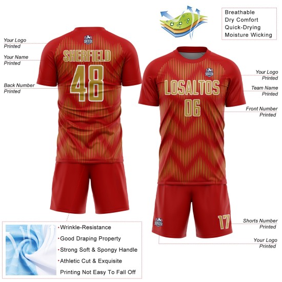 Benutzerdefiniertes Sublimations-Fußballtrikot in Rot und Altgold mit weißer Linie Benutzerdefiniertes Sublimations-Fußballtrikot in Rot und Altgold mit weißer Linie