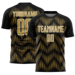 Benutzerdefiniertes Sublimations-Fußballtrikot in Schwarz mit alter Gold-Weiß-Linie Benutzerdefiniertes Sublimations-Fußballtrikot in Schwarz mit alter Gold-Weiß-Linie