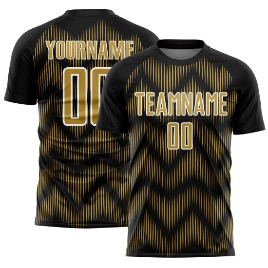 Benutzerdefiniertes Sublimations-Fußballtrikot in Schwarz mit alter Gold-Weiß-Linie Benutzerdefiniertes Sublimations-Fußballtrikot in Schwarz mit alter Gold-Weiß-Linie