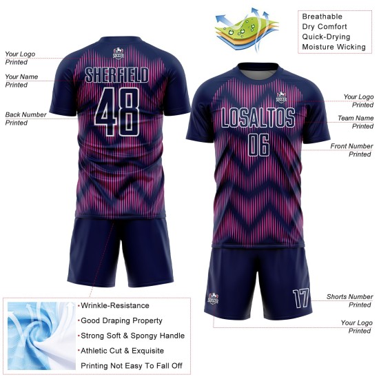 Benutzerdefiniertes Marineblau-Pink-Weiß-Linien-Sublimations-Fußballtrikot Benutzerdefiniertes Marineblau-Pink-Weiß-Linien-Sublimations-Fußballtrikot