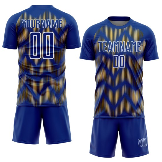 Benutzerdefiniertes Fußballtrikot mit Sublimationsdruck in Royal Gold und Weiß Benutzerdefiniertes Fußballtrikot mit Sublimationsdruck in Royal Gold und Weiß