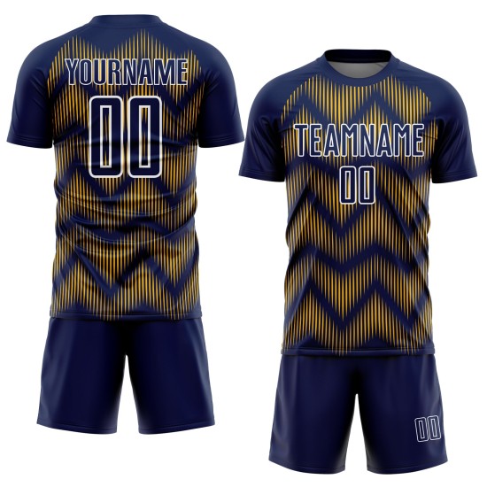 Benutzerdefiniertes Marineblaues Fußballtrikot mit gold-weißer Linie und Sublimationsdruck Benutzerdefiniertes Marineblaues Fußballtrikot mit gold-weißer Linie und Sublimationsdruck