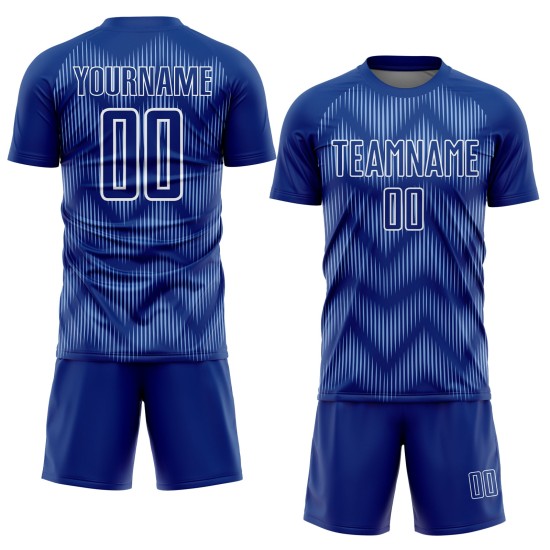 Benutzerdefiniertes Fußballtrikot mit Sublimationsdruck in Königsblau und Weiß Benutzerdefiniertes Fußballtrikot mit Sublimationsdruck in Königsblau und Weiß