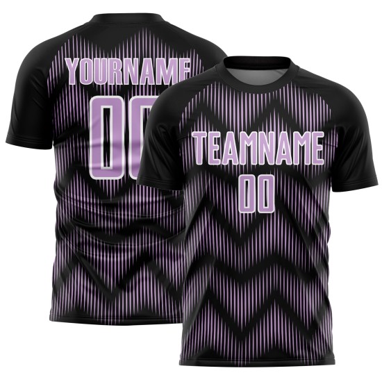 Benutzerdefiniertes Sublimations-Fußballtrikot in Schwarz-Hellviolett mit weißer Linie Benutzerdefiniertes Sublimations-Fußballtrikot in Schwarz-Hellviolett mit weißer Linie