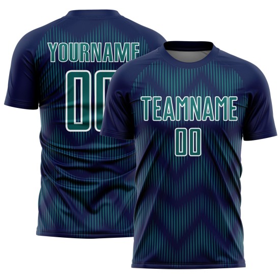 Benutzerdefiniertes Sublimations-Fußballtrikot mit Marineblau-Blaugrün-Weiß-Linie Benutzerdefiniertes Sublimations-Fußballtrikot mit Marineblau-Blaugrün-Weiß-Linie