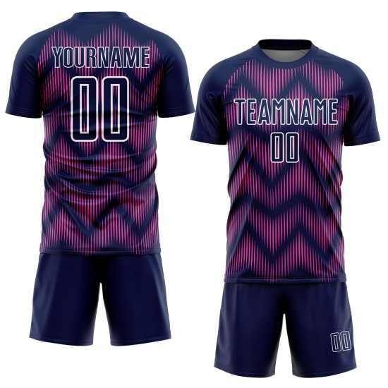 Benutzerdefiniertes Marineblau-Pink-Weiß-Linien-Sublimations-Fußballtrikot Benutzerdefiniertes Marineblau-Pink-Weiß-Linien-Sublimations-Fußballtrikot