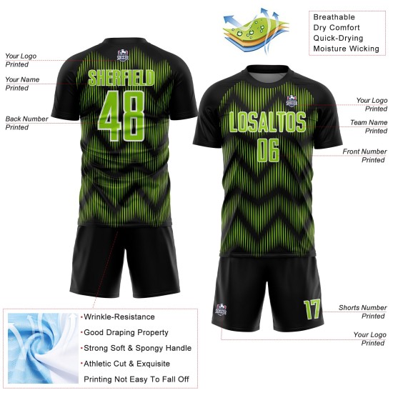 Benutzerdefiniertes schwarz-neongrün-weißes Sublimations-Fußballtrikot Benutzerdefiniertes schwarz-neongrün-weißes Sublimations-Fußballtrikot