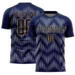 Benutzerdefiniertes Sublimations-Fußballtrikot in Marineblau und Grau mit alter Goldlinie Benutzerdefiniertes Sublimations-Fußballtrikot in Marineblau und Grau mit alter Goldlinie