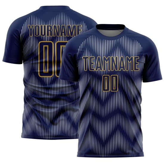 Benutzerdefiniertes Sublimations-Fußballtrikot in Marineblau und Grau mit alter Goldlinie Benutzerdefiniertes Sublimations-Fußballtrikot in Marineblau und Grau mit alter Goldlinie