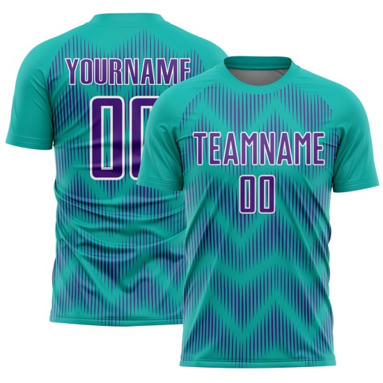 Benutzerdefiniertes Aqua-Lila-Weiß-Linien-Sublimations-Fußballtrikot Benutzerdefiniertes Aqua-Lila-Weiß-Linien-Sublimations-Fußballtrikot