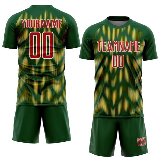 Benutzerdefiniertes Sublimations-Fußballtrikot mit grün-rot-goldener Linie Benutzerdefiniertes Sublimations-Fußballtrikot mit grün-rot-goldener Linie