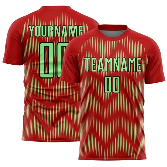 Benutzerdefiniertes Sublimations-Fußballtrikot mit roter Erbse, grün-schwarzer Linie Benutzerdefiniertes Sublimations-Fußballtrikot mit roter Erbse, grün-schwarzer Linie