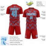 Benutzerdefiniertes Sublimations-Fußballtrikot mit rot-himmelblau-weißer Linie Benutzerdefiniertes Sublimations-Fußballtrikot mit rot-himmelblau-weißer Linie