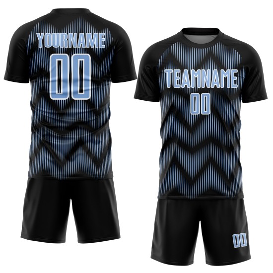 Benutzerdefiniertes schwarz-hellblau-weißes Sublimations-Fußballtrikot Benutzerdefiniertes schwarz-hellblau-weißes Sublimations-Fußballtrikot