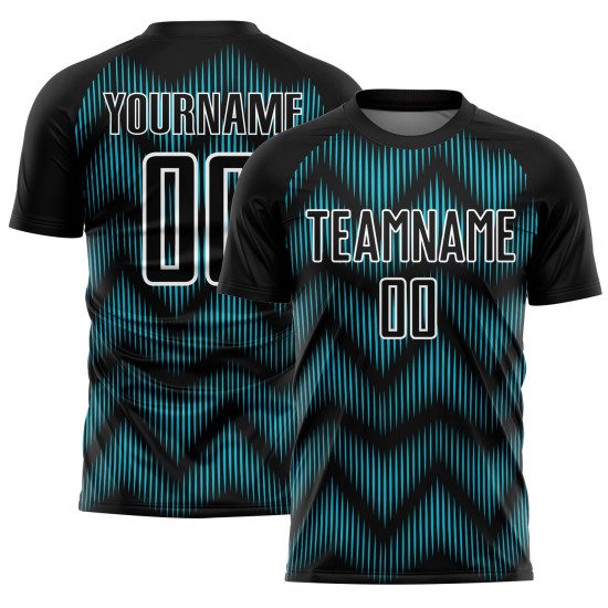 Benutzerdefiniertes Sublimations-Fußballtrikot der Black Lakes mit blau-weißer Linie Benutzerdefiniertes Sublimations-Fußballtrikot der Black Lakes mit blau-weißer Linie