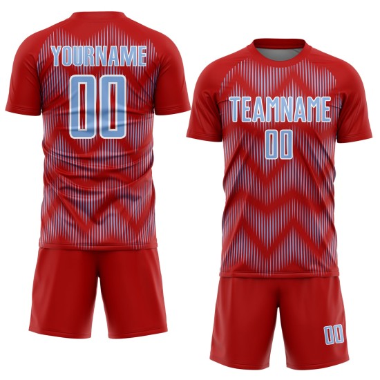 Benutzerdefiniertes rot-hellblau-weißes Sublimations-Fußballtrikot Benutzerdefiniertes rot-hellblau-weißes Sublimations-Fußballtrikot