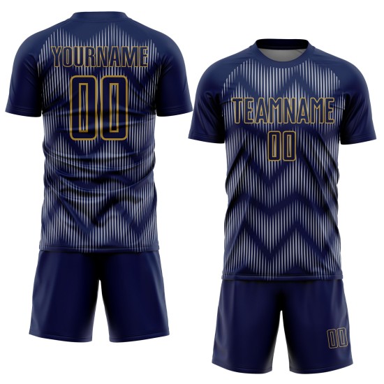 Benutzerdefiniertes Sublimations-Fußballtrikot in Marineblau und Grau mit alter Goldlinie Benutzerdefiniertes Sublimations-Fußballtrikot in Marineblau und Grau mit alter Goldlinie