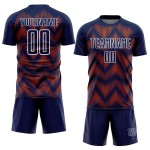 Benutzerdefiniertes Sublimations-Fußballtrikot in Marineblau und Orange mit weißer Linie Benutzerdefiniertes Sublimations-Fußballtrikot in Marineblau und Orange mit weißer Linie