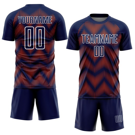 Benutzerdefiniertes Sublimations-Fußballtrikot in Marineblau und Orange mit weißer Linie Benutzerdefiniertes Sublimations-Fußballtrikot in Marineblau und Orange mit weißer Linie