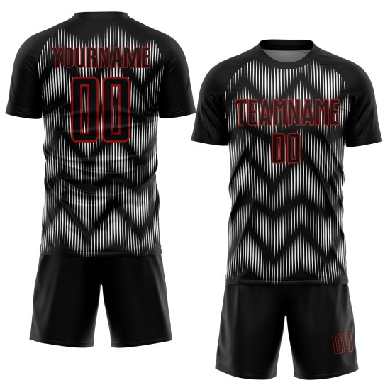 Benutzerdefiniertes schwarz-rot-weißes Sublimations-Fußballtrikot Benutzerdefiniertes schwarz-rot-weißes Sublimations-Fußballtrikot