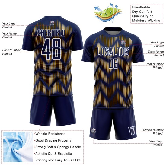 Benutzerdefiniertes Marineblaues Fußballtrikot mit gold-weißer Linie und Sublimationsdruck Benutzerdefiniertes Marineblaues Fußballtrikot mit gold-weißer Linie und Sublimationsdruck
