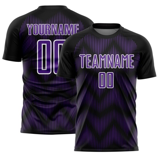 Benutzerdefiniertes schwarz-lila-weißes Sublimations-Fußballtrikot Benutzerdefiniertes schwarz-lila-weißes Sublimations-Fußballtrikot
