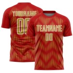 Benutzerdefiniertes Sublimations-Fußballtrikot in Rot und Altgold mit weißer Linie Benutzerdefiniertes Sublimations-Fußballtrikot in Rot und Altgold mit weißer Linie