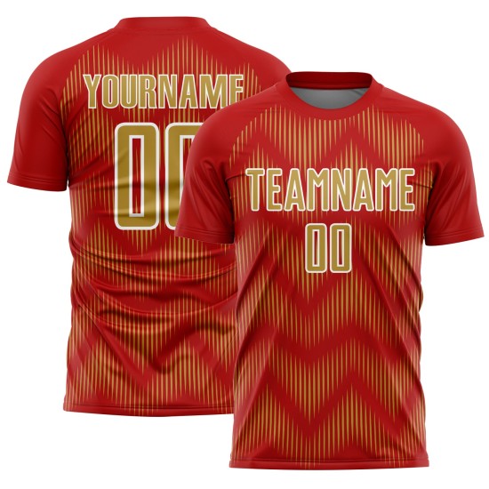 Benutzerdefiniertes Sublimations-Fußballtrikot in Rot und Altgold mit weißer Linie Benutzerdefiniertes Sublimations-Fußballtrikot in Rot und Altgold mit weißer Linie