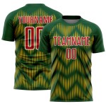 Benutzerdefiniertes Sublimations-Fußballtrikot mit grün-rot-goldener Linie Benutzerdefiniertes Sublimations-Fußballtrikot mit grün-rot-goldener Linie