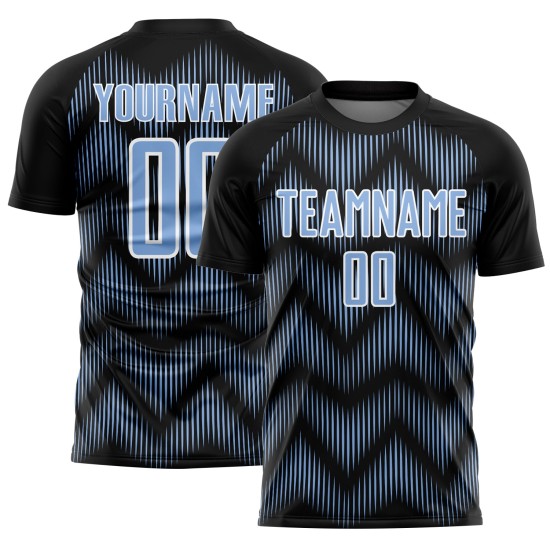 Benutzerdefiniertes schwarz-hellblau-weißes Sublimations-Fußballtrikot Benutzerdefiniertes schwarz-hellblau-weißes Sublimations-Fußballtrikot