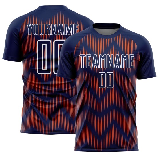 Benutzerdefiniertes Sublimations-Fußballtrikot in Marineblau und Orange mit weißer Linie Benutzerdefiniertes Sublimations-Fußballtrikot in Marineblau und Orange mit weißer Linie