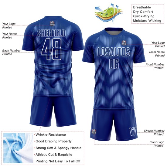 Benutzerdefiniertes Fußballtrikot mit Sublimationsdruck in Königsblau und Weiß Benutzerdefiniertes Fußballtrikot mit Sublimationsdruck in Königsblau und Weiß