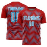 Benutzerdefiniertes Sublimations-Fußballtrikot mit rot-himmelblau-weißer Linie Benutzerdefiniertes Sublimations-Fußballtrikot mit rot-himmelblau-weißer Linie