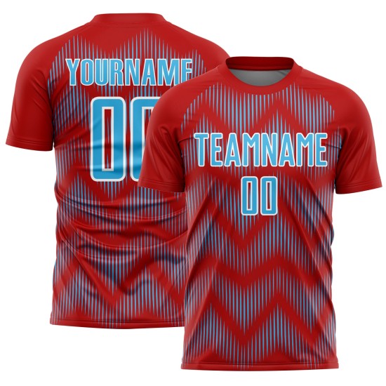 Benutzerdefiniertes Sublimations-Fußballtrikot mit rot-himmelblau-weißer Linie Benutzerdefiniertes Sublimations-Fußballtrikot mit rot-himmelblau-weißer Linie