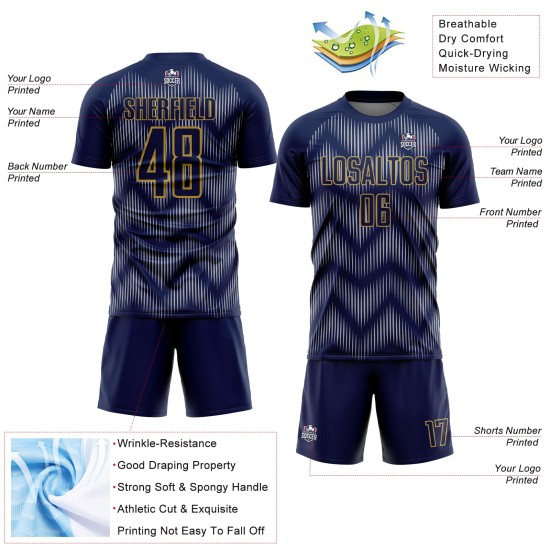 Benutzerdefiniertes Sublimations-Fußballtrikot in Marineblau und Grau mit alter Goldlinie Benutzerdefiniertes Sublimations-Fußballtrikot in Marineblau und Grau mit alter Goldlinie
