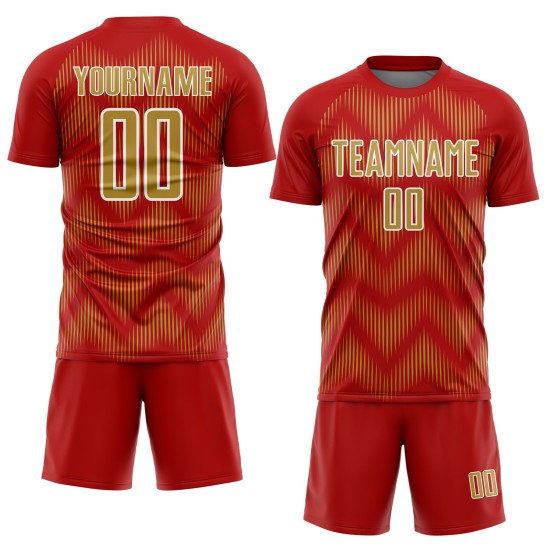 Benutzerdefiniertes Sublimations-Fußballtrikot in Rot und Altgold mit weißer Linie Benutzerdefiniertes Sublimations-Fußballtrikot in Rot und Altgold mit weißer Linie