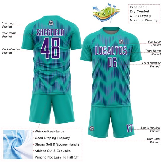 Benutzerdefiniertes Aqua-Lila-Weiß-Linien-Sublimations-Fußballtrikot Benutzerdefiniertes Aqua-Lila-Weiß-Linien-Sublimations-Fußballtrikot