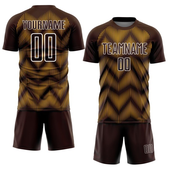 Benutzerdefiniertes Sublimations-Fußballtrikot in Braun und Gold mit weißer Linie Benutzerdefiniertes Sublimations-Fußballtrikot in Braun und Gold mit weißer Linie