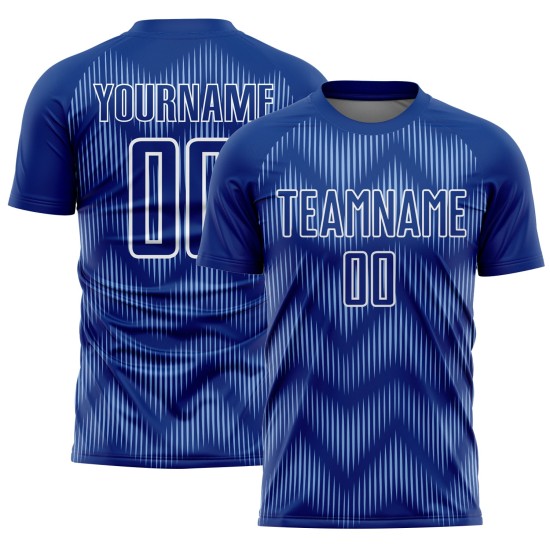 Benutzerdefiniertes Fußballtrikot mit Sublimationsdruck in Königsblau und Weiß Benutzerdefiniertes Fußballtrikot mit Sublimationsdruck in Königsblau und Weiß