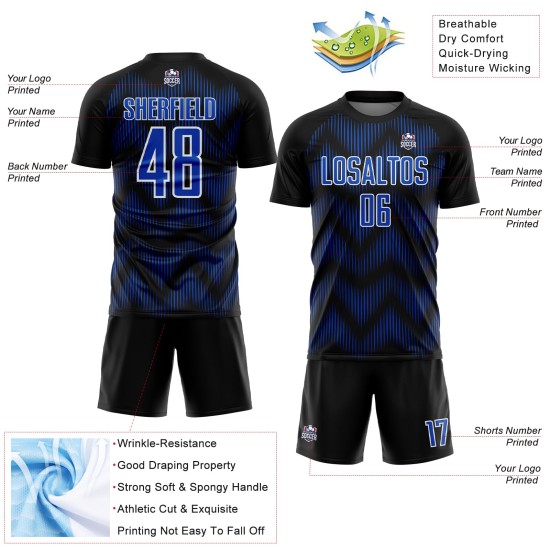 Benutzerdefiniertes Sublimations-Fußballtrikot mit der Linie „Black Thunder Blue-White“ Benutzerdefiniertes Sublimations-Fußballtrikot mit der Linie „Black Thunder Blue-White“
