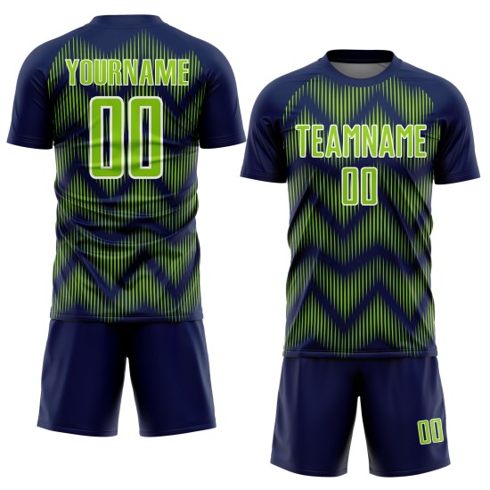 Benutzerdefiniertes Marineblaues Neongrün-Weißes Sublimations-Fußballtrikot Benutzerdefiniertes Marineblaues Neongrün-Weißes Sublimations-Fußballtrikot