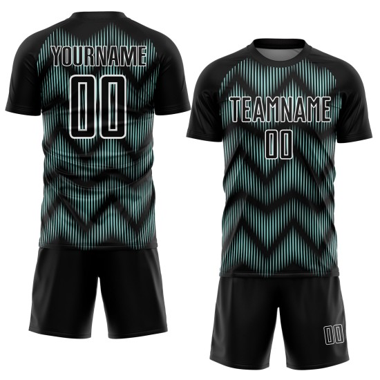 Benutzerdefiniertes Sublimations-Fußballtrikot mit schwarzer Eisblau-Weiß-Linie Benutzerdefiniertes Sublimations-Fußballtrikot mit schwarzer Eisblau-Weiß-Linie