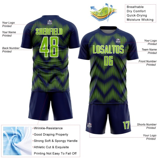 Benutzerdefiniertes Marineblaues Neongrün-Weißes Sublimations-Fußballtrikot Benutzerdefiniertes Marineblaues Neongrün-Weißes Sublimations-Fußballtrikot