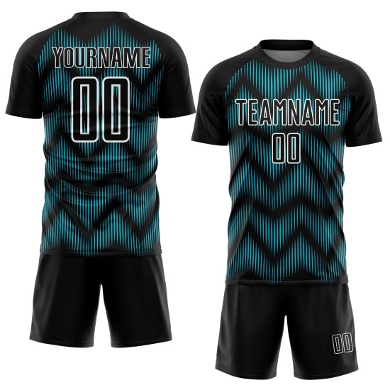 Benutzerdefiniertes Sublimations-Fußballtrikot der Black Lakes mit blau-weißer Linie Benutzerdefiniertes Sublimations-Fußballtrikot der Black Lakes mit blau-weißer Linie