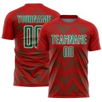 Benutzerdefiniertes Sublimations-Fußballtrikot mit roter Kelly-Grün-Weiß-Linie Benutzerdefiniertes Sublimations-Fußballtrikot mit roter Kelly-Grün-Weiß-Linie