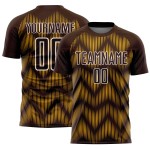 Benutzerdefiniertes Sublimations-Fußballtrikot in Braun und Gold mit weißer Linie Benutzerdefiniertes Sublimations-Fußballtrikot in Braun und Gold mit weißer Linie