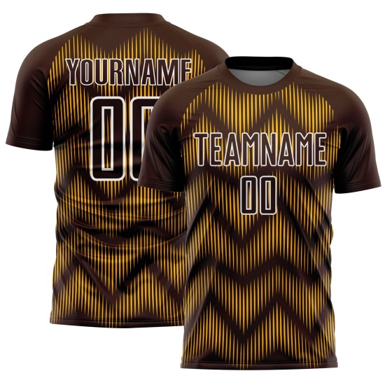 Benutzerdefiniertes Sublimations-Fußballtrikot in Braun und Gold mit weißer Linie Benutzerdefiniertes Sublimations-Fußballtrikot in Braun und Gold mit weißer Linie